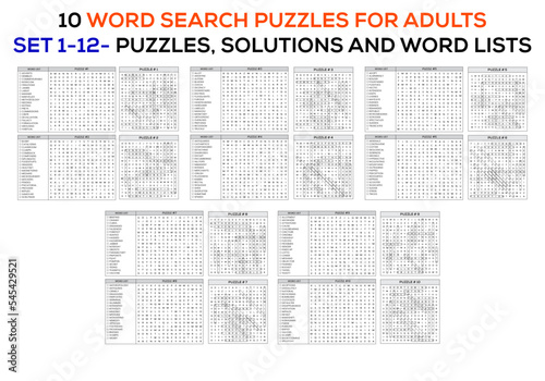 A set 10 Theme of word searches puzzles for adults and seniors with Solutions