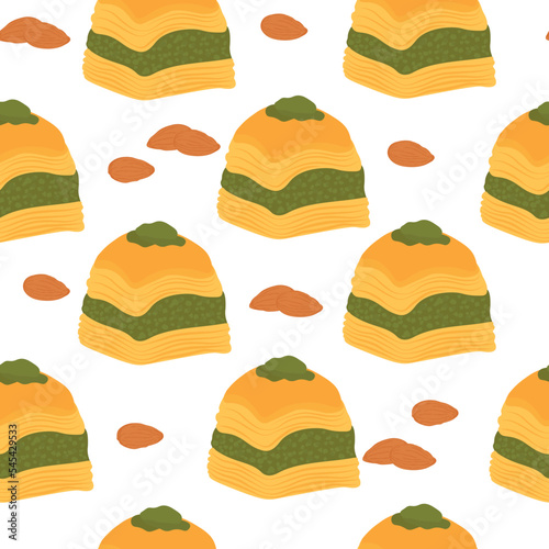 Baklava Turkish dessert. Vector stock illustration. Sweetness with almonds and nuts. Seamless pattern.  For packaging . Background for promotional products, wrapping paper. Vector