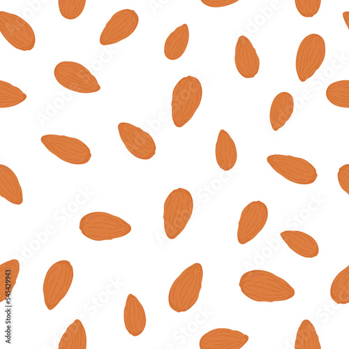 Seeds seamless pattern. Ripe nut kernels with green leaves. For packaging cosmetics, milk, specks, cookies, pastries. Background for promotional products, wrapping paper and banners. Vector