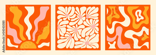 Hippie fun gift card squared template set. Retro flower power background. Vintage 1970s floral squared poster. 1960s nostalgic groovy vector illustration.