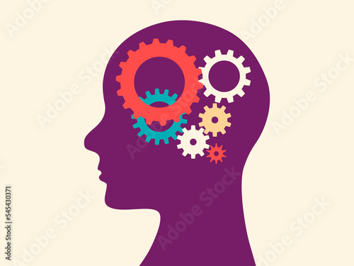 Design thinking creative process mind brain. Human profile with a cog mechanism over it..
