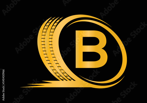 Letter B monogram alphabet With a Sport Car Automotive Car Repair Logo Design Concept With Transport Tire Icon Vector Template.