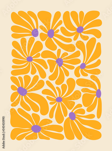 Hippie fun background. 1960s nostalgic groovy vector illustration. Retro flower power gift card template. Vintage 1970s floral poster.