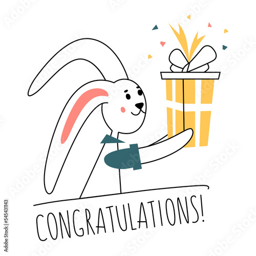 The rabbit smiles while holding a gift. Vector illustration on the theme of the holiday. Funny postcard.