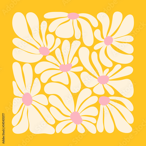 Retro flower power squared gift card template. Vintage 1970s floral poster. Hippie fun background. 1960s nostalgic groovy flat vector illustration.