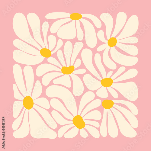 Retro flower power squared gift card template. Vintage 1970s floral poster. Hippie fun background. 1960s nostalgic groovy flat vector illustration.