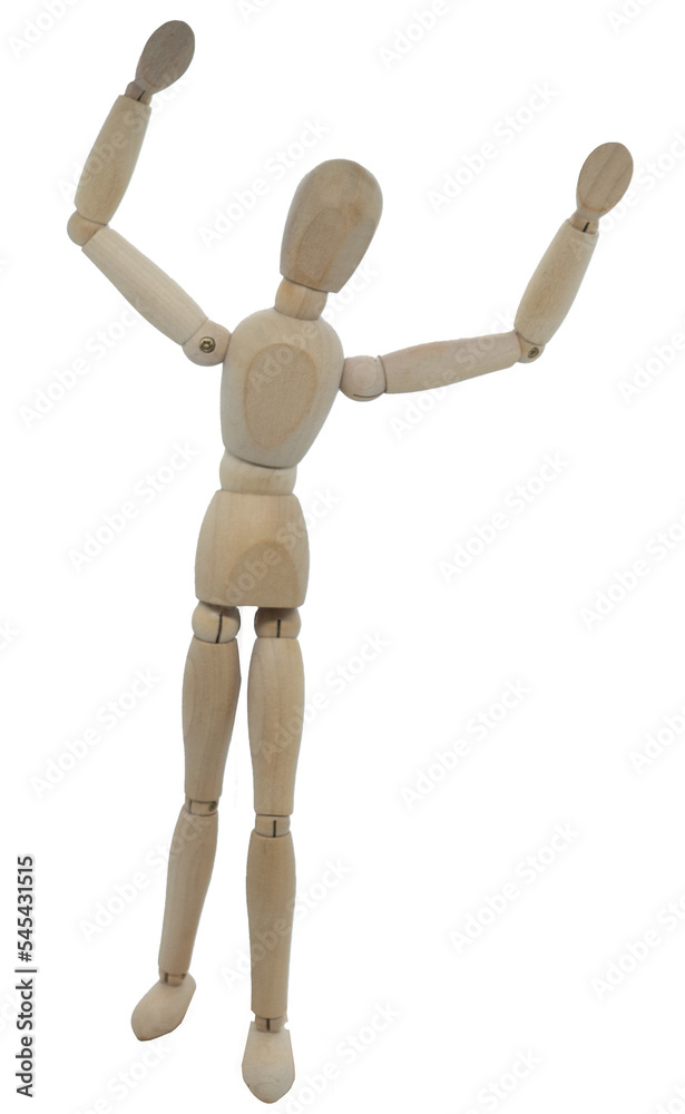 Title: Wooden figure in standing position with arms raised Title: Wooden figure in standing position with arms raised