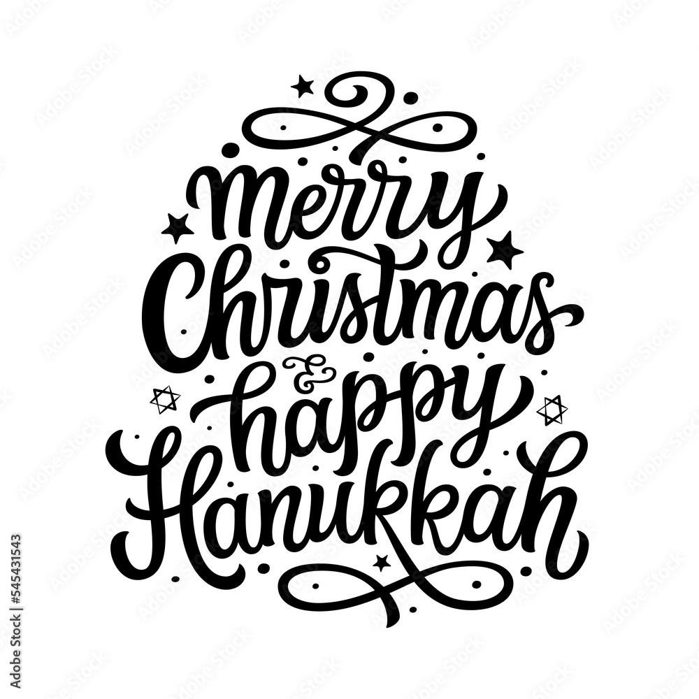 Merry Christmas and happy Hanukkah. Hand lettering text isolated on