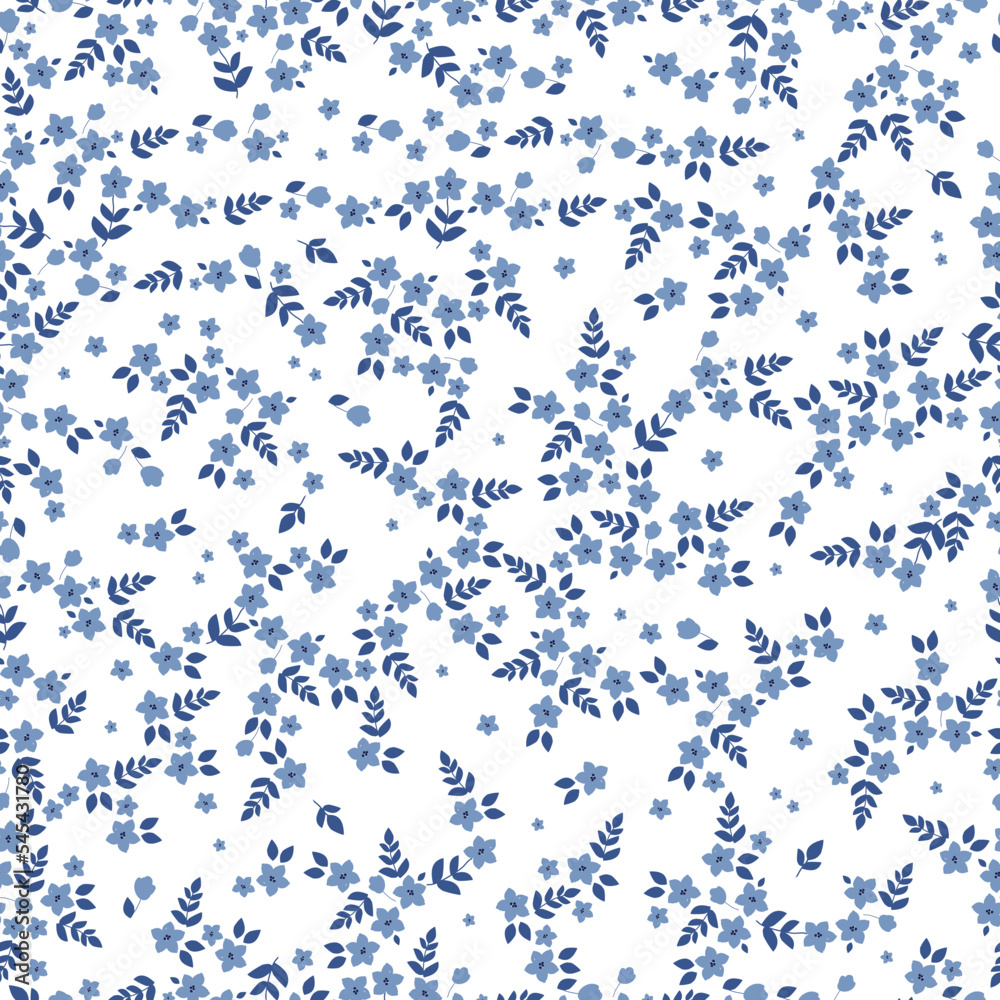 Cute floral pattern. Seamless vector texture. An elegant template for fashionable prints. Print with blue flowers, dark blue  leaves. white background.