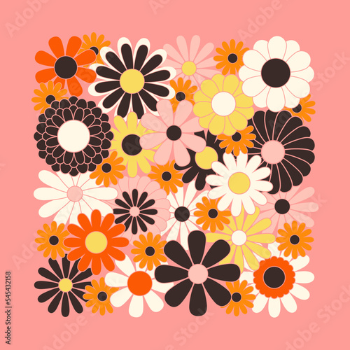 Hippie fun background. Retro flower power squared gift card template. Vintage 1970s floral poster. 1960s nostalgic groovy flat vector illustration.