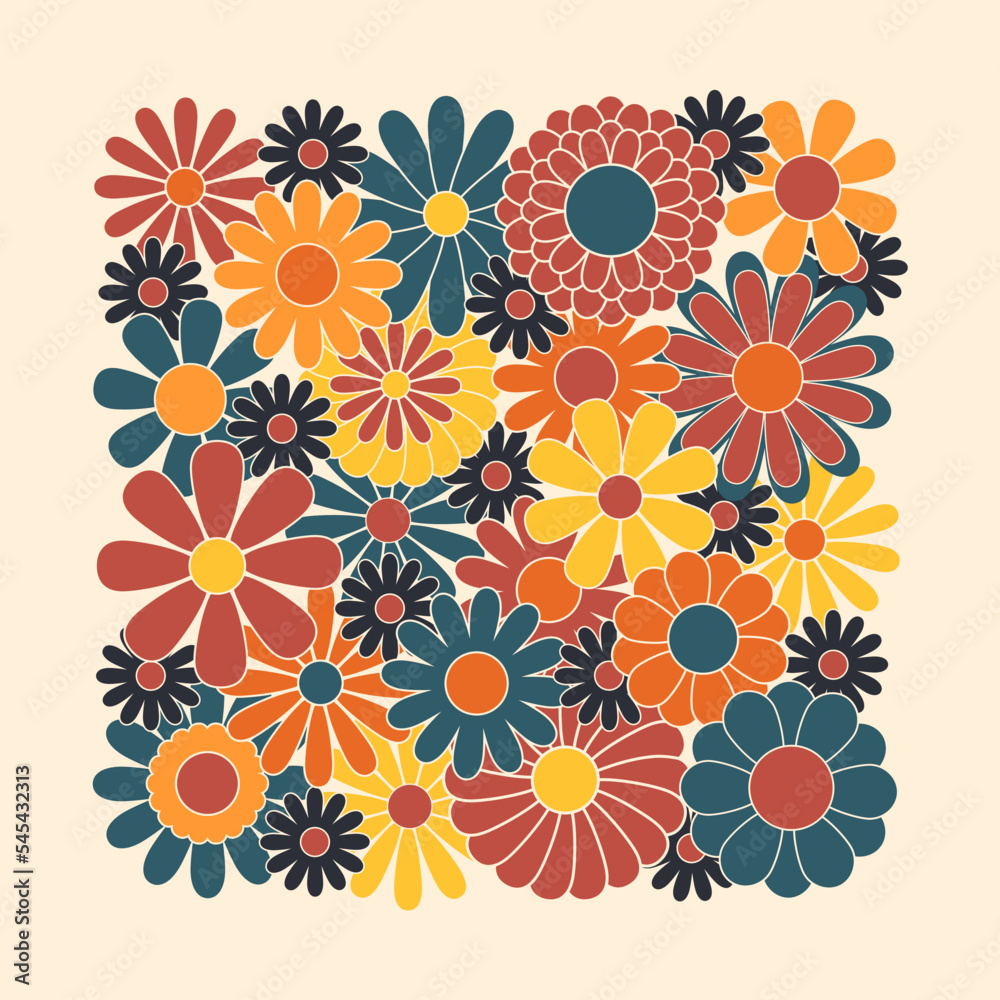 Hippie fun background. Retro flower power squared gift card template. Vintage 1970s floral poster. 1960s nostalgic groovy flat vector illustration.
