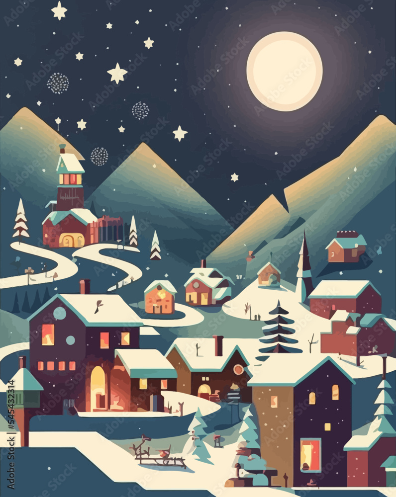 Vector illustration of a small village at Christmas Stock Vector ...