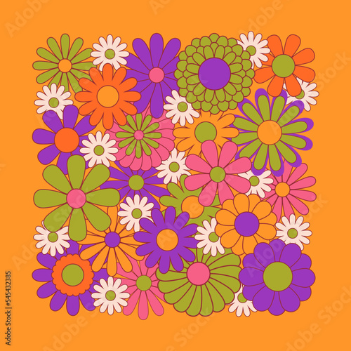 Hippie fun background. Retro flower power squared gift card template. Vintage 1970s floral poster. 1960s nostalgic groovy flat vector illustration.