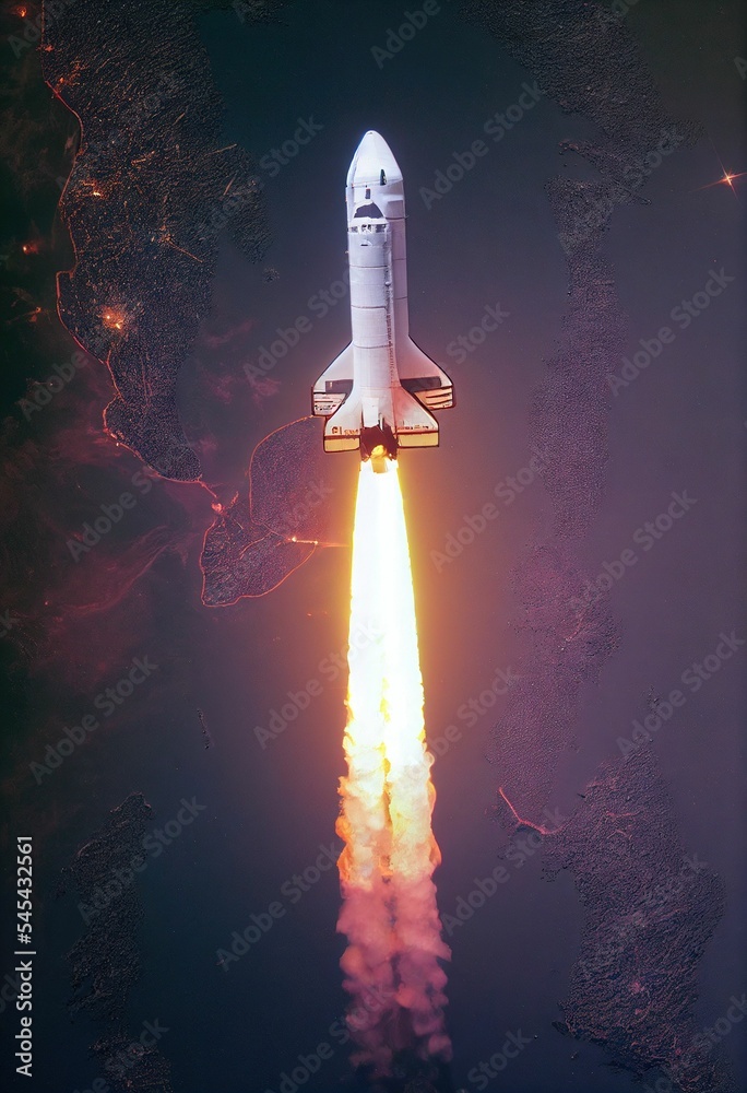 Naklejka premium 3D digital render of spaceship rocket launching into space with a fire trail