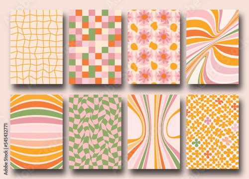 Vector set of Groovy hippie 70s backgrounds. Checkerboard, chessboard, mesh, waves patterns. Twisted and distorted vector texture in trendy retro psychedelic style. Y2k aesthetic.