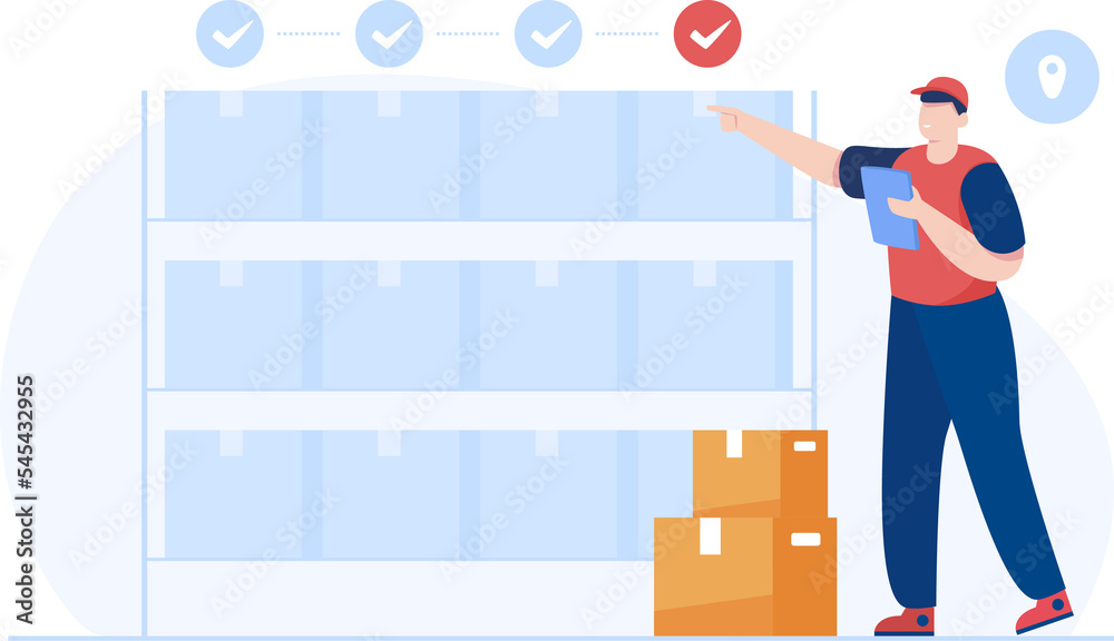 Warehouse workers check the inventory levels of items on the shelves. inventory management and stock control. vector illustration Warehouse workers check the inventory levels of items on the shelves. inventory management and stock control. vector illustration