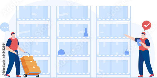 Warehouse manager maintaining delivery records. Inventory accuracy. Inventory control and warehouse products remain check. Vector Illustration