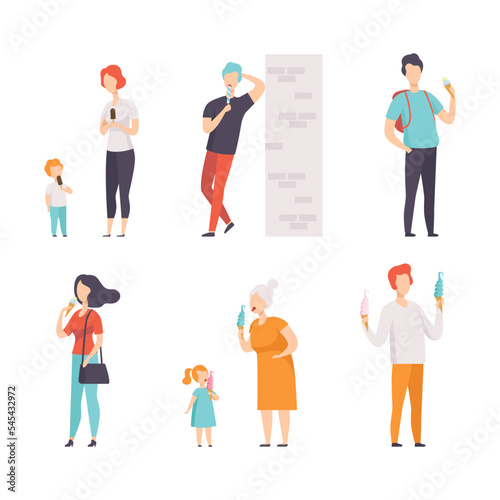 People Characters Eating Ice Cream Enjoying Sweet Frozen Dessert Vector Set