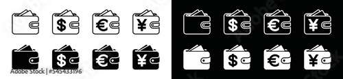 Wallet icon vector set. Wallet with currency symbol. Finance icon. Money business icon collection. Purse, billfold, pocket book symbol illustration.