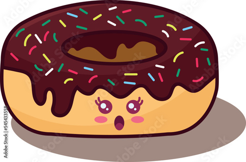Cute kawaii little surprised donut with chocolate topping and sprinkles