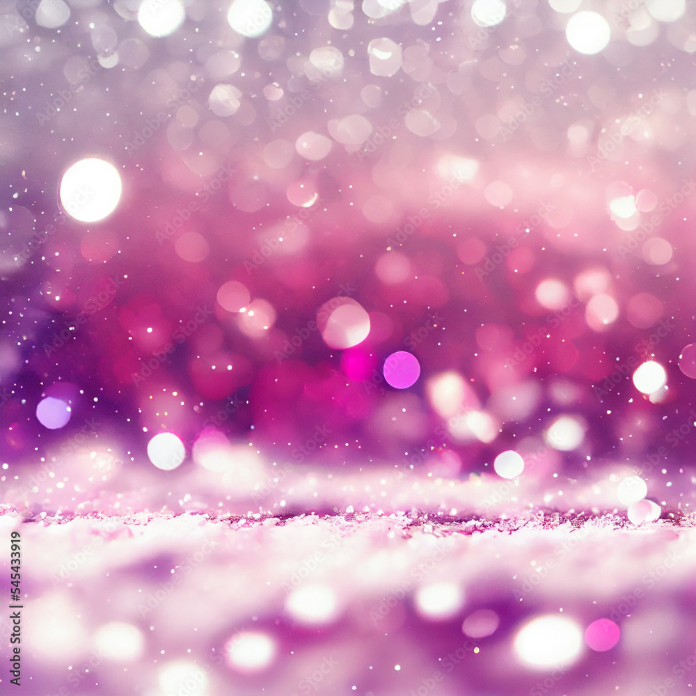 Christmas and winter holidays background with pink bokeh lights and snow.