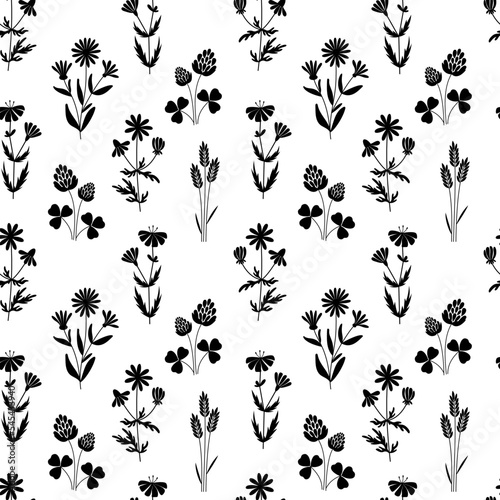 Black-white textile seamless pattern. Wild meadow. Monochrome floral pattern. © Екатерина Свирина