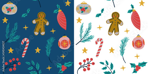 Conjunto de patrones sin fisuras de Año Nuevo y Navidad con símbolos y elementos de navidad, divertido y alegre. Fondo  vectorial de Navidad y Año Nuevo 