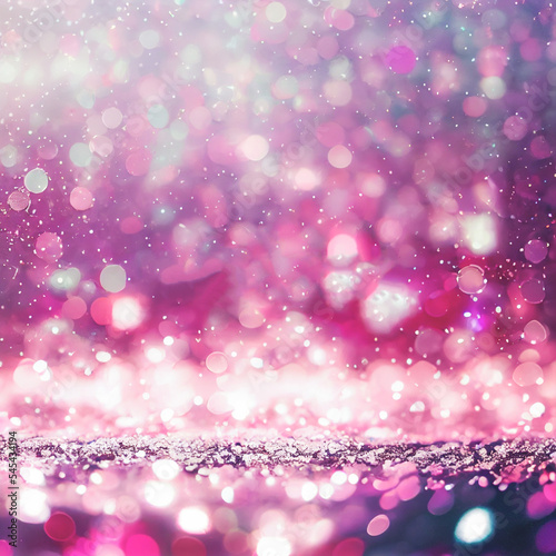 Christmas and winter holidays background with pink bokeh lights and snow.