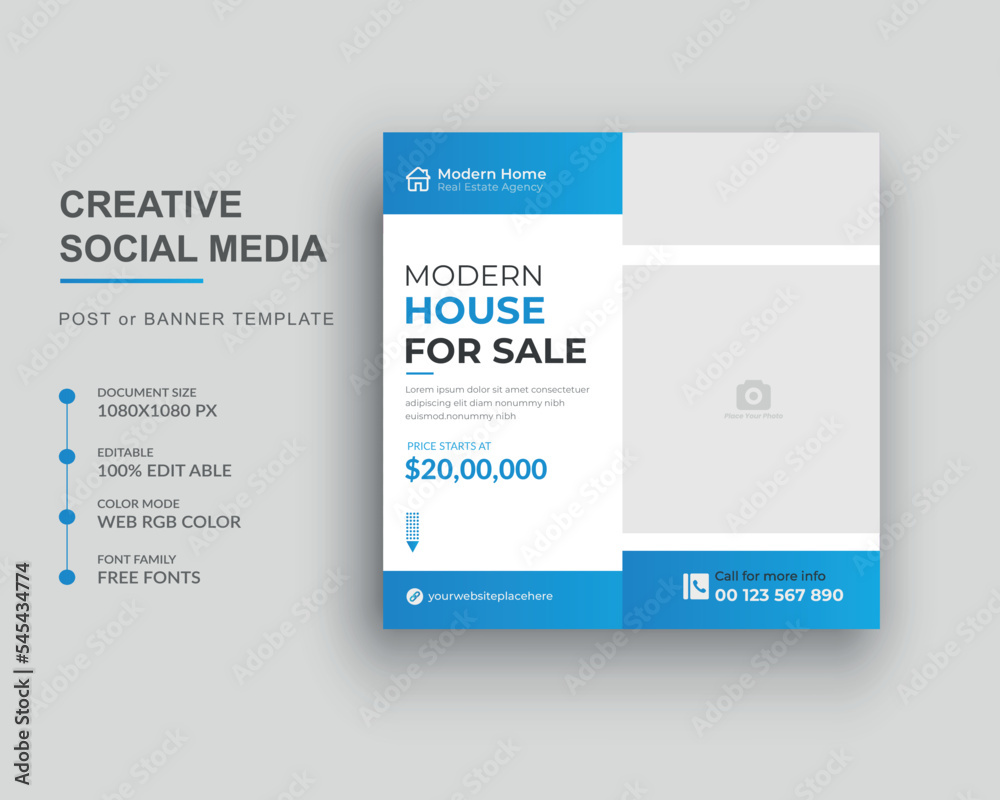 Real estate social media post banner design and home-for-sale design template.