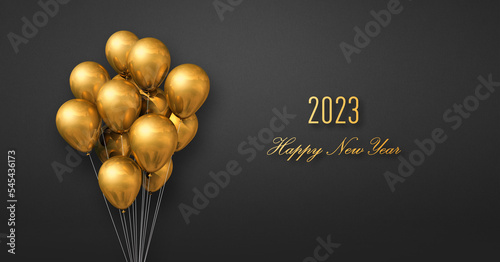 Happy new year 2023 greeting card. Gold balloons on black background