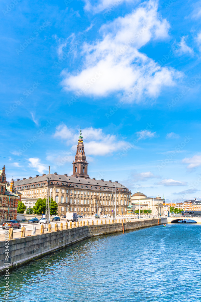 Christiansborg Palace. Building and tower on a sunny day. This building is one of  the most important sightseeing spots in Copenhagen, Denmark