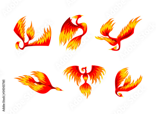 Phoenix with Red Flamed Wings and Feather as Immortal Bird from Greek Mythology Vector Set