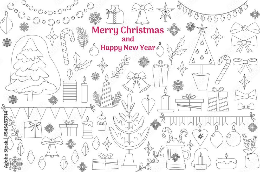 Set of isolated decorations for Christmas and New Year. Vector illustration in black outline and white plane on a white background. Set of isolated decorations for Christmas and New Year. Vector illustration in black outline and white plane on a white background.
