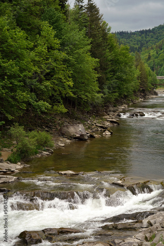 A large rapid river flows into a waterfall against the background of green trees and forest