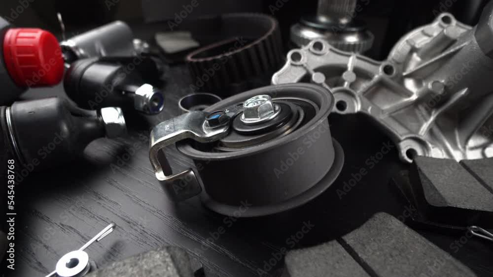 Auto parts spare parts car on grey background. Large number rotate on turntable around its axis. Auto parts store. Suspension and engine parts. Auto parts spare parts car on grey background. Large number rotate on turntable around its axis. Auto parts store. Suspension and engine parts.