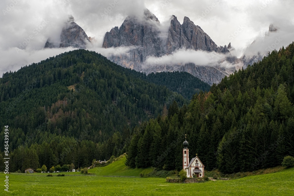 Beautiful Church of St John of Nepomuk (Chiesetta di San Giovanni) in Ranui, Val di Funes, Dolomites