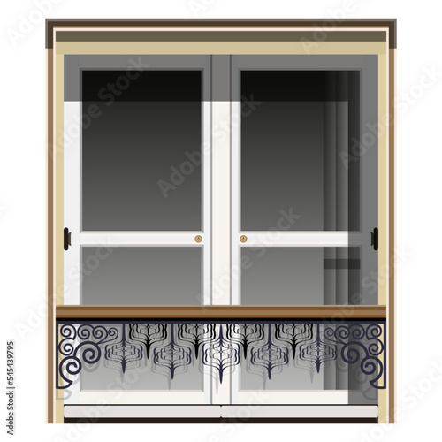 Window with forged railings. Wooden door with small windows. Marble building facade.