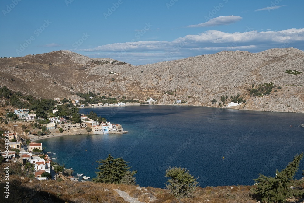 Beautiful view of Nimburio bay on Symi island, Greece.