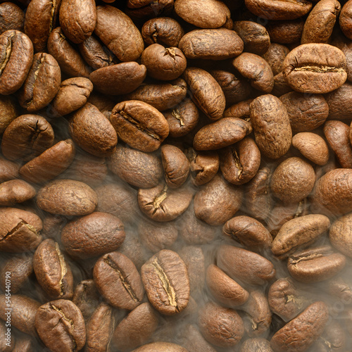 The texture of freshly roasted, ready-to-drink coffee, steam rising above the beans, black ava beans.