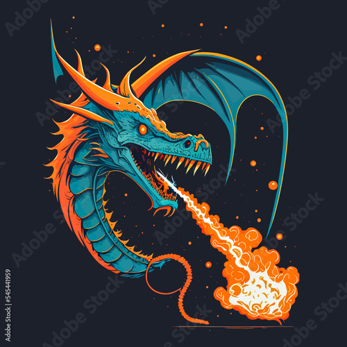 Colourful illustration of a dragon spitting fire