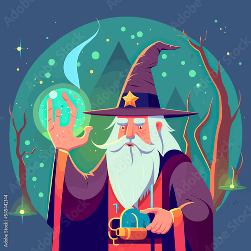 Colourful illustration of a wizard casting a tree spell