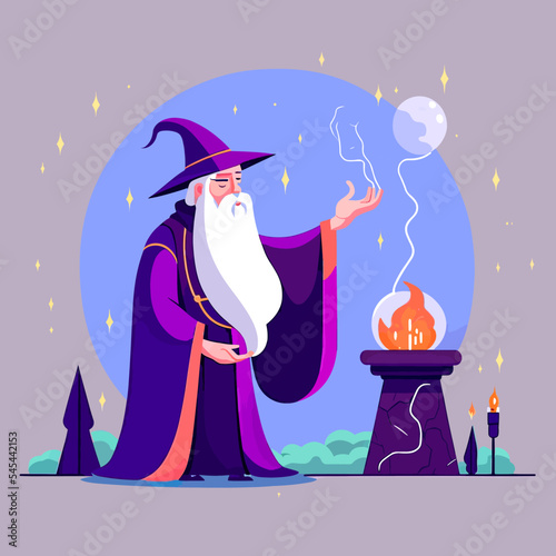 Colourful illustration of a wizard casting a magic spell