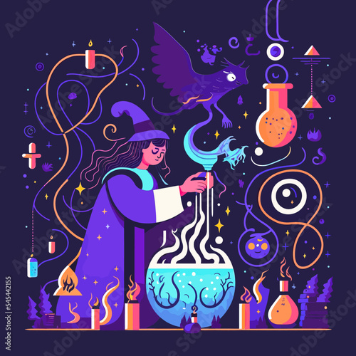 Colourful illustration of a young witch brewing a magic potion