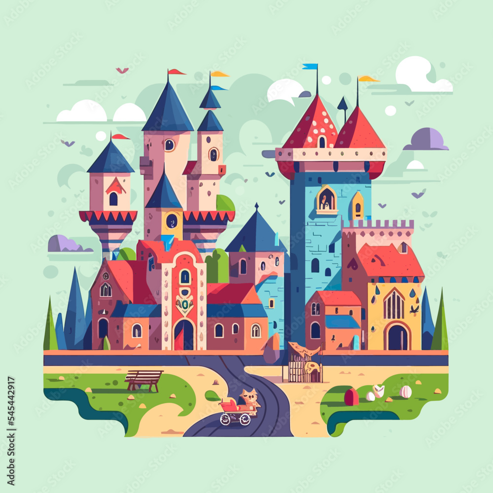 Colourful illustration of a medieval castle