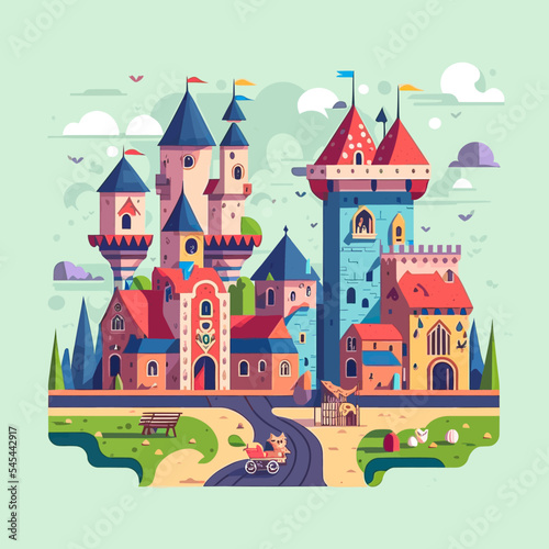 Colourful illustration of a medieval castle