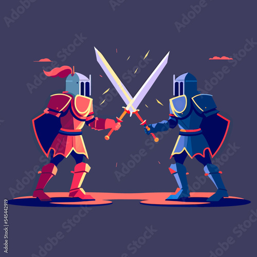Colourful illustration of two medieval knights in a sword fight