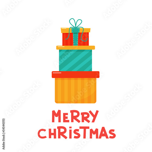 Stack of Christmas gifts and lettering Merry Christmas on white background