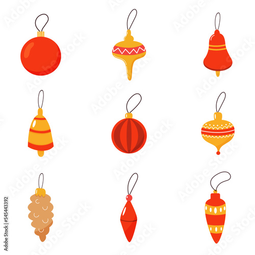 Christmas toys and balls. Different shapes new year decorations. Cartoon style icons set. Vector illustration