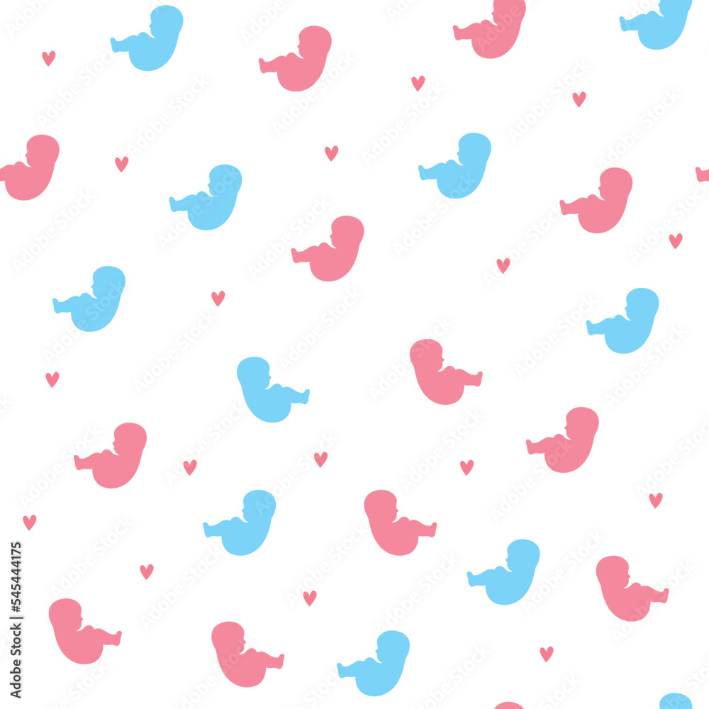 Seamless pattern. Human embryo and heart. Small babies, boys and girls. Cute silhouettes on white background