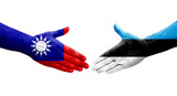 Handshake between Taiwan and Estonia flags painted on hands, isolated transparent image.